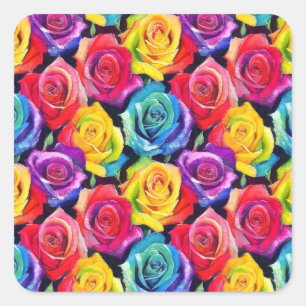 Sticker Carré Roses arc-en-ciel lumineuses, illustration aquarel