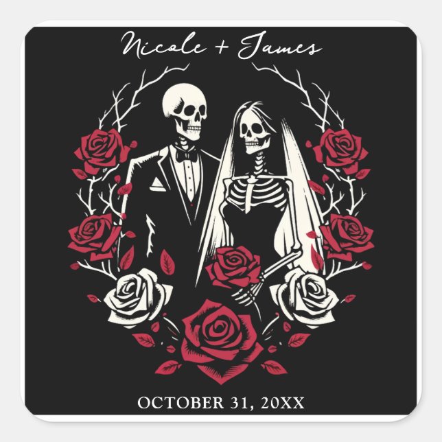 Sticker Carré Roses blanc rouge et noir squelette Mariage couple (Devant)