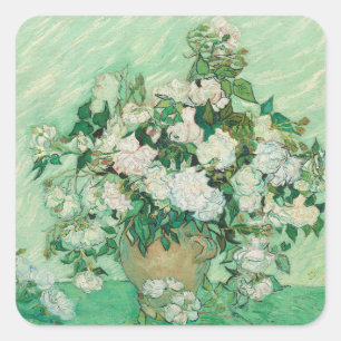 Sticker Carré Roses blanches de Van Gogh - Art floral à la menth