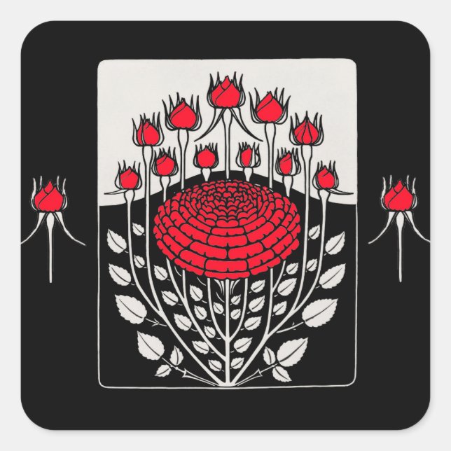 Sticker Carré ROSES BLANCHES NOIRES, ROSEBUDS Art Nouveau Floral (Devant)