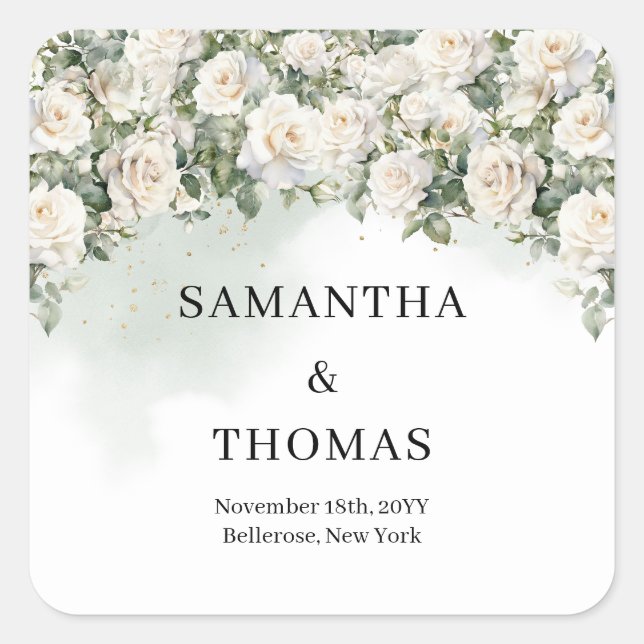 Sticker Carré Roses blanches romantiques Eucalyptus et mariage d (Devant)