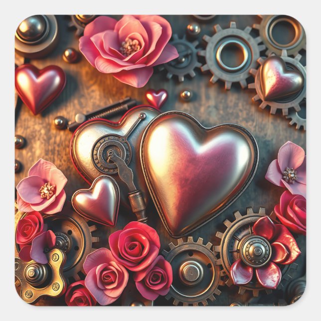 Sticker Carré Roses, Coeurs et engrenages métalliques Steampunk (Devant)