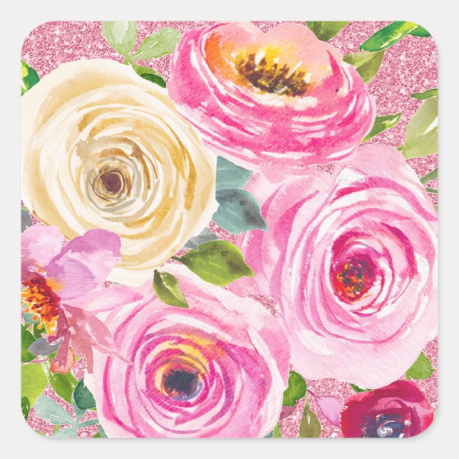 Sticker Carré Roses d'aquarelle en Parties scintillant rose et c (Devant)