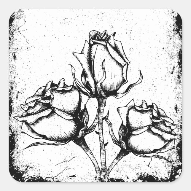 Sticker Carré Roses de Grunge noir et blanc (Devant)