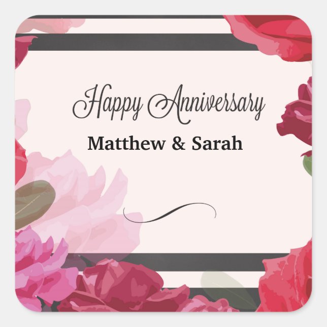 Sticker Carré Roses de l'anniversaire du mariage, bandes, noms p (Devant)