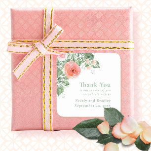 Sticker Carré Roses floraux Monogramme vert Coral rose Mariage