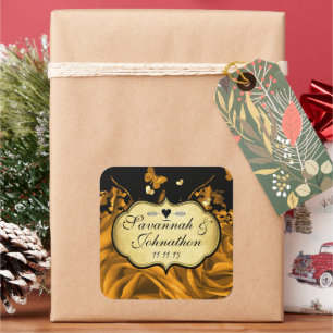 Sticker Carré Roses Gold Heart & Papillons Mariage Seal