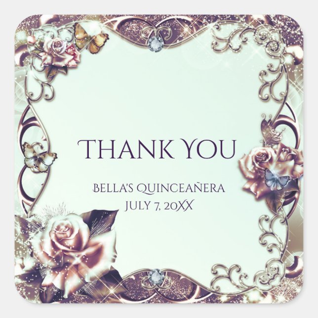 Sticker Carré Roses & Papillons Bronze Quinceañera Party (Devant)