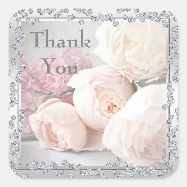 Sticker Carré Roses romantiques et Merci de diamants (Devant)