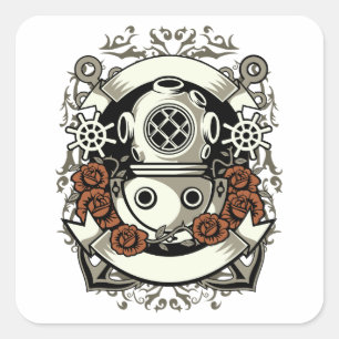 Sticker Carré Roses rouges de Steampunk de plongeur victorien de