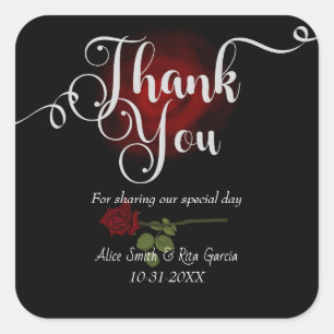 Sticker Carré Roses rouges gothiques et Merci Mariage noir