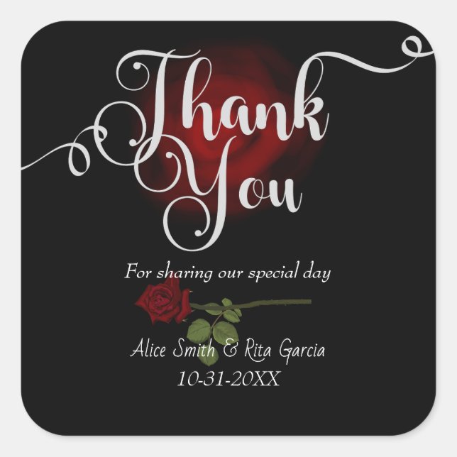 Sticker Carré Roses rouges gothiques et Merci Mariage noir (Devant)