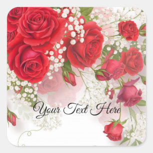Sticker Carré Roses Rouges & Gypsophile Élégant Mariage Floral