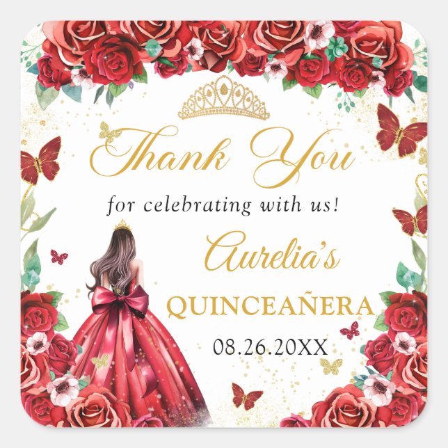 Sticker Carré Roses rouges Papillons floraux Quinceañera Princes (Devant)