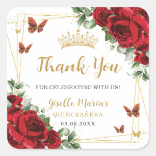 Sticker Carré Roses Rouges Papillons Floraux Quinceanera Sweet 1