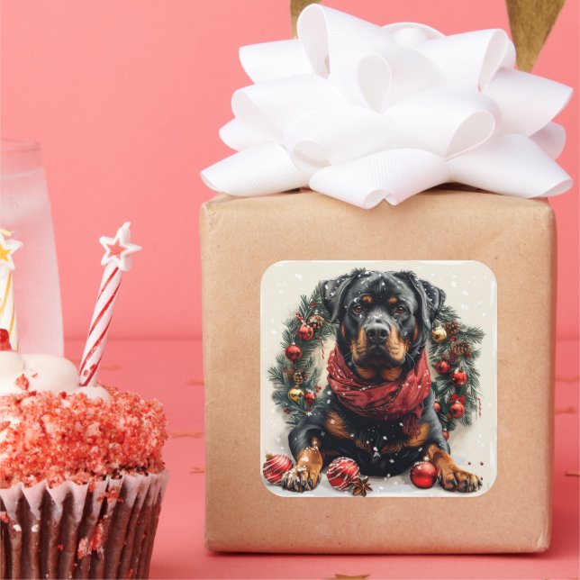 Sticker Carré Rottweiler avec couronne de Noël (Fête)