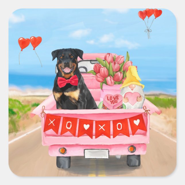 Sticker Carré Rottweiler Chien Saint Valentin Coeurs de Camion (Devant)