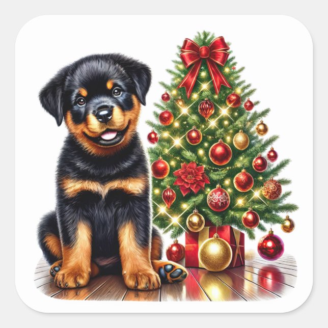 Sticker Carré Rottweiler Chiot par un arbre de Noël avec des cad (Devant)