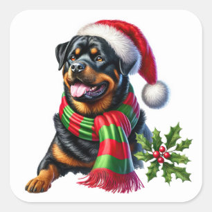 Sticker Carré Rottweiler dans un Casquette de Noël et Écharpe