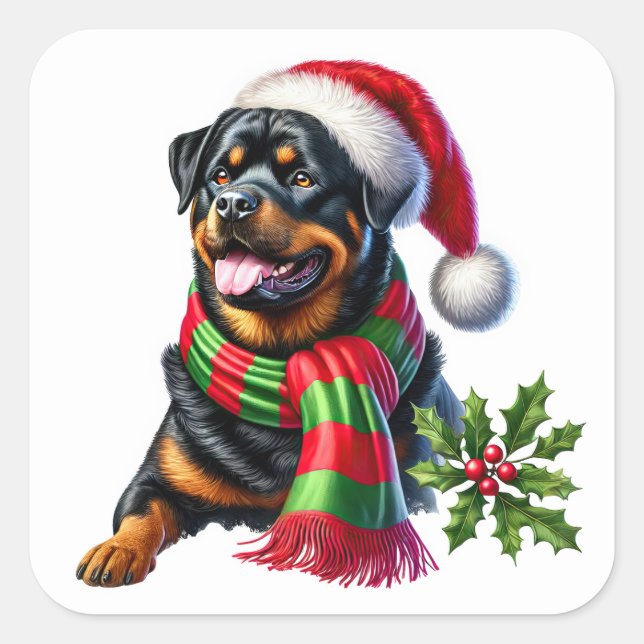 Sticker Carré Rottweiler dans un Casquette de Noël et Écharpe (Devant)
