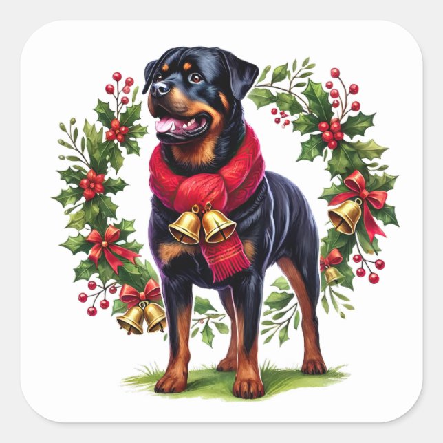 Sticker Carré Rottweiler dans une couronne de Noël avec cloches (Devant)