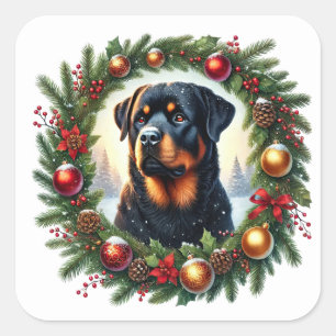 Sticker Carré Rottweiler de Noël en décoration festive