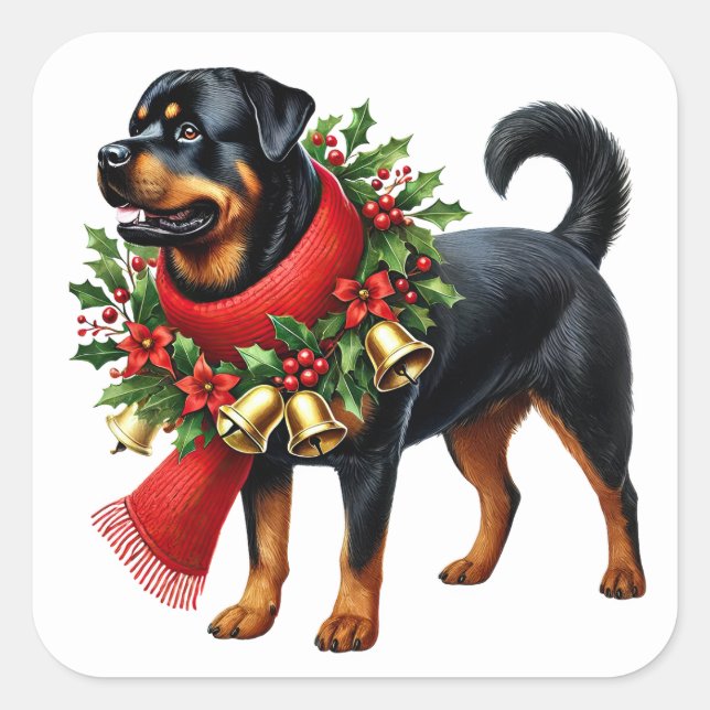 Sticker Carré Rottweiler habillé pour Noël (Devant)