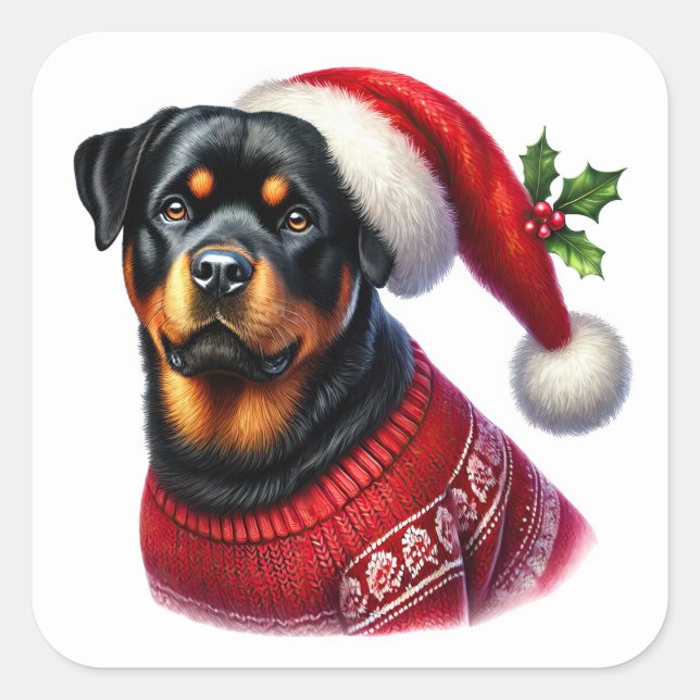 Sticker Carré Rotweiler de Noël portant un pull festif (Devant)