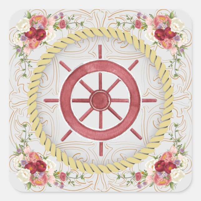 Sticker Carré Roue du navire nautique et roseate floral (Devant)