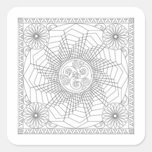 Sticker Carré Roue Mandala en noir et blanc - Carte de coloriage