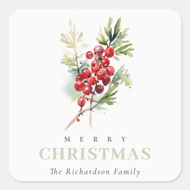 Sticker Carré Rouge Berry Fir hiver Folio hiver Aquarelle (Devant)