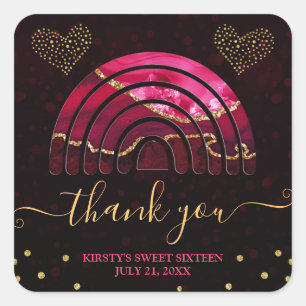 Sticker Carré Rouge Bourgogne Agate Arc-en-ciel & Cœurs Sweet 16