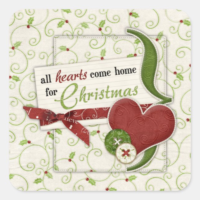 Sticker Carré Rouge Coeurs verts Holly Vacances Enveloppe Sceau (Devant)
