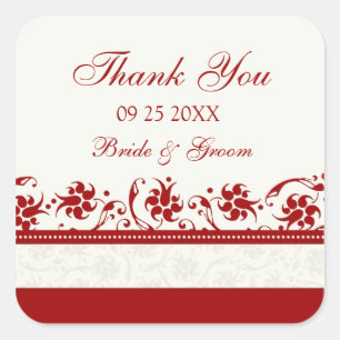 Sticker Carré Rouge et crème Floral Merci Mariage Favor Tags