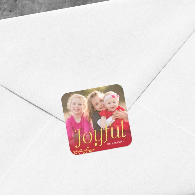 Sticker Carré Rouge et Faux Gold Joyeuse photo de vacances (Créateur téléchargé)