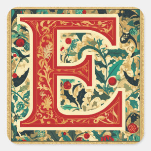 Sticker Carré Rouge et or 'E' avec Noël vert