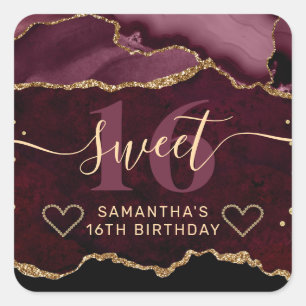 Sticker Carré Rouge et Or Paillettes Agate Marble Sweet 16 