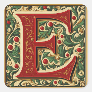 Sticker Carré Rouge et vert 'E' avec ornements en or Festif