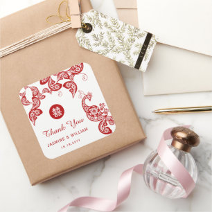 Sticker Carré Rouge Floral Peacock Double Bonheur Mariage asiati