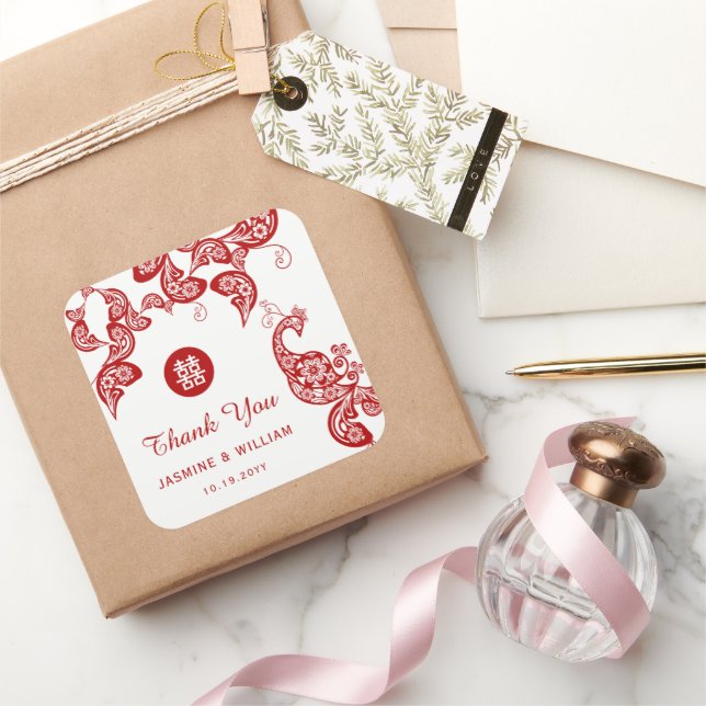 Sticker Carré Rouge Floral Peacock Double Bonheur Mariage asiati (Cadeaux)