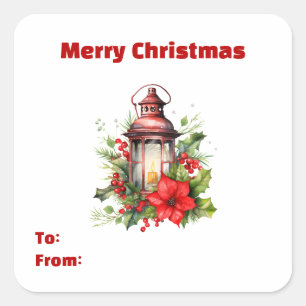 Sticker Carré Rouge Lanterne de Noël Poinsettia et cadeau de pin