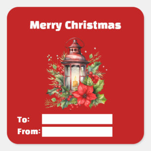 Sticker Carré Rouge Lanterne de Noël Poinsettia et cadeau de pin