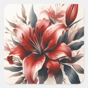 Sticker Carré Rouge Lily Fleur Aesthétique Vintage Aquarelle