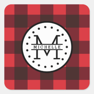 Sticker Carré Rouge noir Buffalo Plaid Nom de la sériole Monogra
