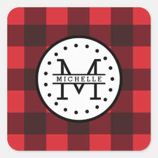 Sticker Carré Rouge noir Buffalo Plaid Nom de la sériole Monogra