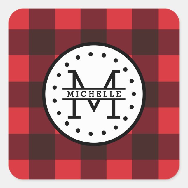 Sticker Carré Rouge noir Buffalo Plaid Nom de la sériole Monogra (Devant)