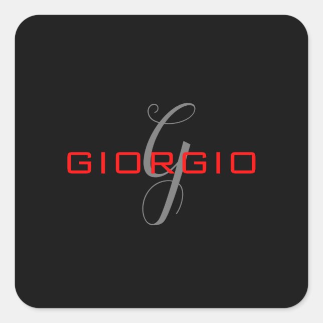 Sticker Carré Rouge noir Votre nom Monogramme initial Moderne (Devant)