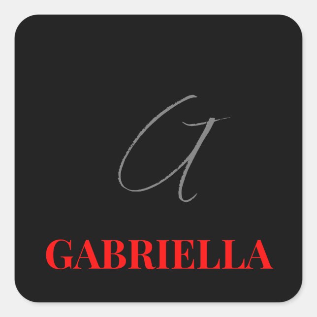 Sticker Carré Rouge noir Votre nom Monogramme initial Moderne (Devant)