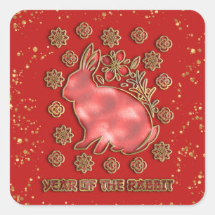 Sticker Carré Rouge Or 2023 Lapin Nouvel An Lunaire Chinois