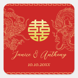 Sticker Carré Rouge or chinois dragon mariage phoenix